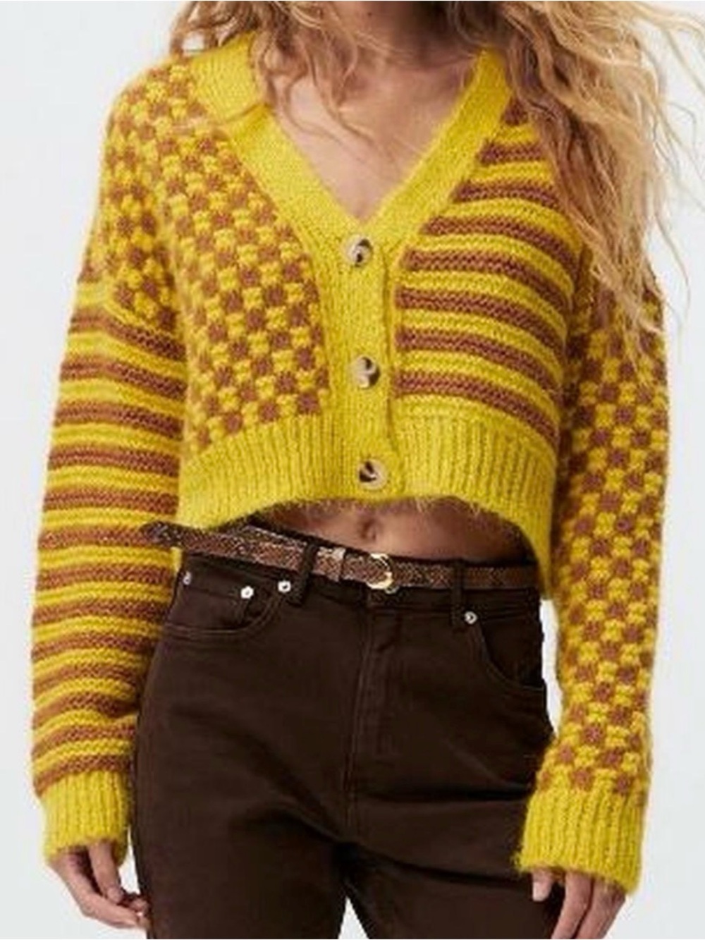 Zara Sweater Cardigan Yellow Brown Orange Crop Oversized Fluffy Wool Blend S